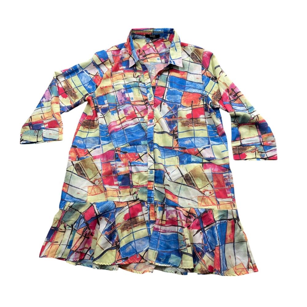 Lior Paris Medium‎ Geo Donna Blouse Button up 3/4 Sleeve 100% Polyester